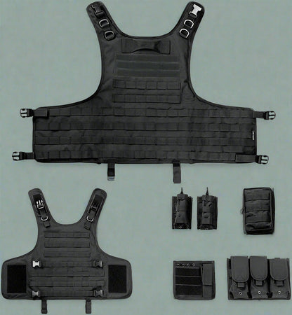 Black Tactical MOLLE Vest – Front View

Tactical Vest Worn by Model – Side View

Adjustable Combat Vest – Straps and Buckles Detail

MOLLE System Tactical Vest – Rear View

Tactical Vest in ACU and A-TACS Camo – Group Display