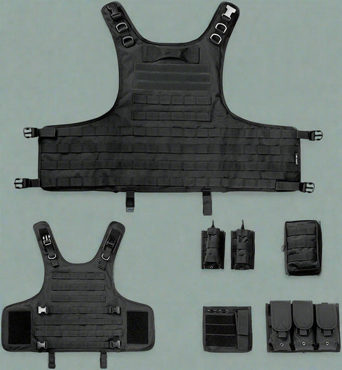 Black Tactical MOLLE Vest – Front View

Tactical Vest Worn by Model – Side View

Adjustable Combat Vest – Straps and Buckles Detail

MOLLE System Tactical Vest – Rear View

Tactical Vest in ACU and A-TACS Camo – Group Display