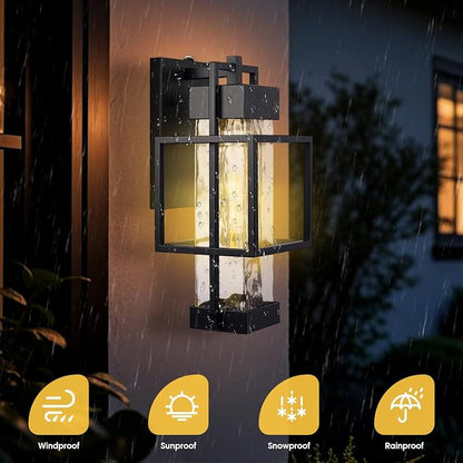 Dusk to Dawn Outdoor Wall Light – Black Waterproof Exterior Wall Sconce with E26 LED Bulb, Photocell Sensor, Metal Cage & Ripple Glass for Porch, Garage and Entryway - Home decor with 2 Pack | Sold by Uncle Wiener's Wholesale