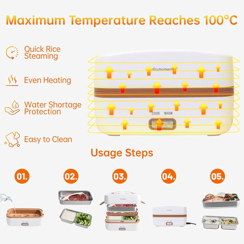 Eamoment Brown Electric Lunch Box Food Heater 270W 304 Stainless Steel,1000mL Standard Capacity.Heating/Cooking/Keep Warm,Portabler for Adults/Work/WomanUHLB - 1.5S001W (Electric Lunch Box Food Heater) - with | Sold by Uncle Wiener's Wholesale