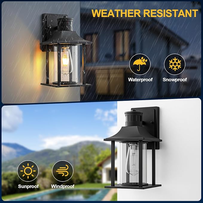 Easyusahome Motion Sensor Outdoor Wall Light – Black Dusk to Dawn Porch Lantern with 180° Motion Detection, 3 Lighting Modes, Waterproof Metal Frame & Clear Glass, E26 Socket - Home decor with | Sold by Uncle Wiener's Wholesale