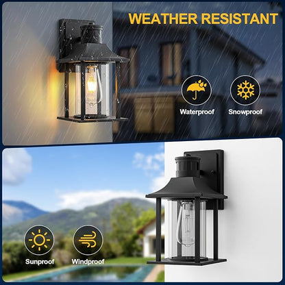 Easyusahome Motion Sensor Outdoor Wall Light – Black Dusk to Dawn Porch Lantern with 180° Motion Detection, 3 Lighting Modes, Waterproof Metal Frame & Clear Glass, E26 Socket - Home decor with | Sold by Uncle Wiener's Wholesale