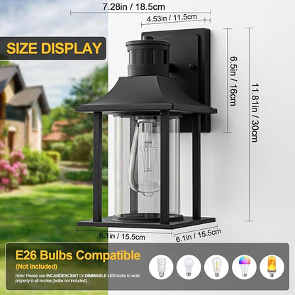 Easyusahome Motion Sensor Outdoor Wall Light – Black Dusk to Dawn Porch Lantern with 180° Motion Detection, 3 Lighting Modes, Waterproof Metal Frame & Clear Glass, E26 Socket - Home decor with | Sold by Uncle Wiener's Wholesale