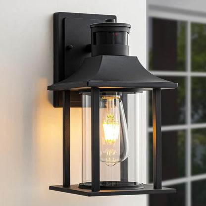 Easyusahome Motion Sensor Outdoor Wall Light – Black Dusk to Dawn Porch Lantern with 180° Motion Detection, 3 Lighting Modes, Waterproof Metal Frame & Clear Glass, E26 Socket - Home decor with | Sold by Uncle Wiener's Wholesale