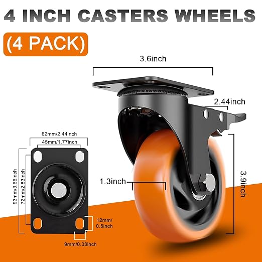 Einesin 4-Inch Heavy-Duty Swivel Caster Wheels 4-Pack – Dual-Locking Plate Mount Casters with Quiet Polyurethane Wheels for Furniture, Workbenches & Carts - General Equipment with | Sold by Uncle Wiener's Wholesale
