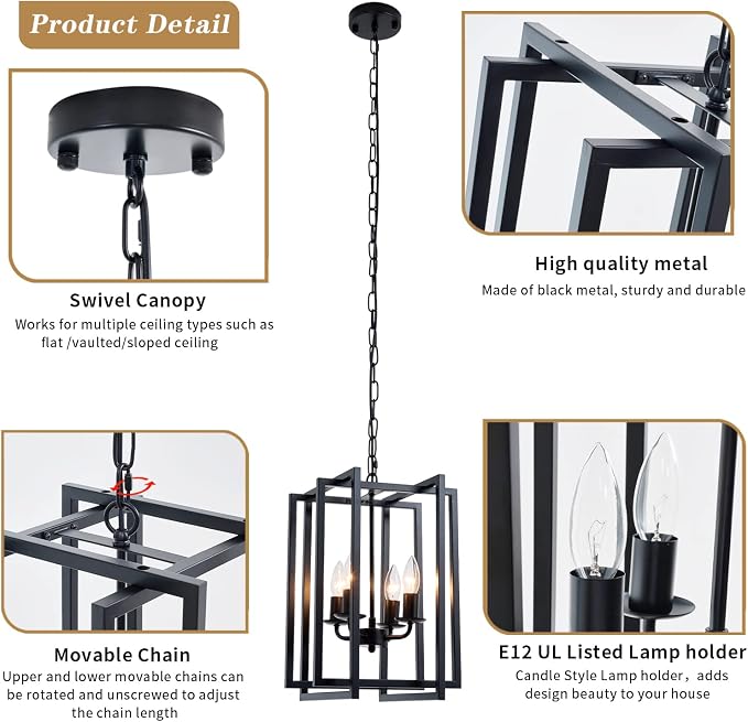 Ejerlya 4-Light Farmhouse Lantern Chandelier – Black Industrial Square Cage Pendant Light with Adjustable Hanging Chain, E12 Candle Bulb Sockets for Kitchen Island, Dining Room & Entryway - Home decor with | Sold by Uncle Wiener's Wholesale