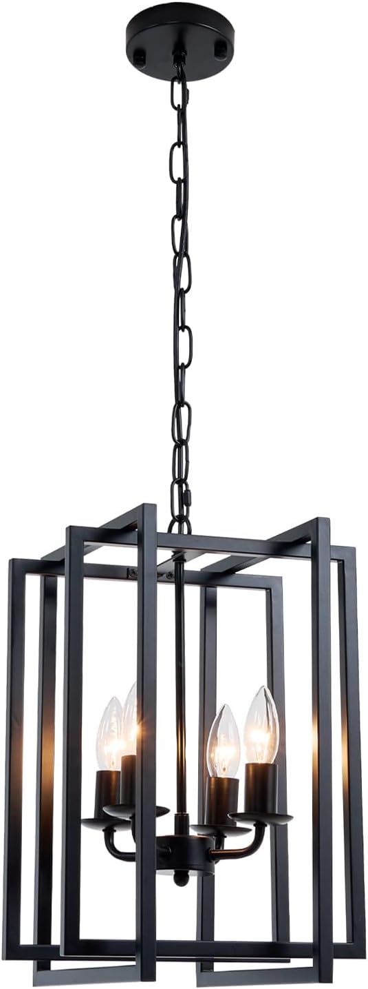 Ejerlya 4-Light Farmhouse Lantern Chandelier – Black Industrial Square Cage Pendant Light with Adjustable Hanging Chain, E12 Candle Bulb Sockets for Kitchen Island, Dining Room & Entryway - Home decor with | Sold by Uncle Wiener's Wholesale