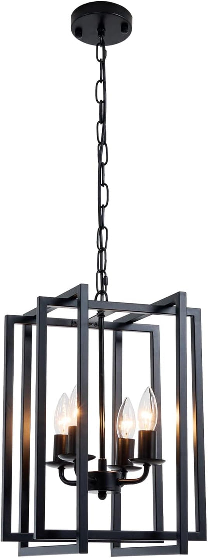 Ejerlya 4-Light Farmhouse Lantern Chandelier – Black Industrial Square Cage Pendant Light with Adjustable Hanging Chain, E12 Candle Bulb Sockets for Kitchen Island, Dining Room & Entryway - Home decor with | Sold by Uncle Wiener's Wholesale