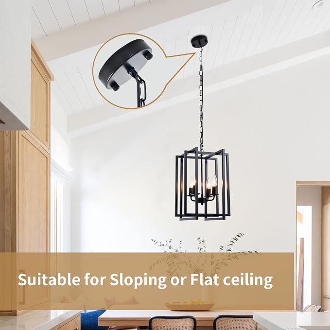 Ejerlya 4-Light Farmhouse Lantern Chandelier – Black Industrial Square Cage Pendant Light with Adjustable Hanging Chain, E12 Candle Bulb Sockets for Kitchen Island, Dining Room & Entryway - Home decor with | Sold by Uncle Wiener's Wholesale
