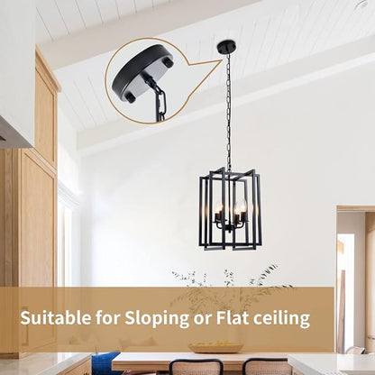 Ejerlya 4-Light Farmhouse Lantern Chandelier – Black Industrial Square Cage Pendant Light with Adjustable Hanging Chain, E12 Candle Bulb Sockets for Kitchen Island, Dining Room & Entryway - Home decor with | Sold by Uncle Wiener's Wholesale