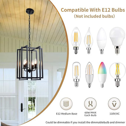 Ejerlya 4-Light Farmhouse Lantern Chandelier – Black Industrial Square Cage Pendant Light with Adjustable Hanging Chain, E12 Candle Bulb Sockets for Kitchen Island, Dining Room & Entryway - Home decor with | Sold by Uncle Wiener's Wholesale