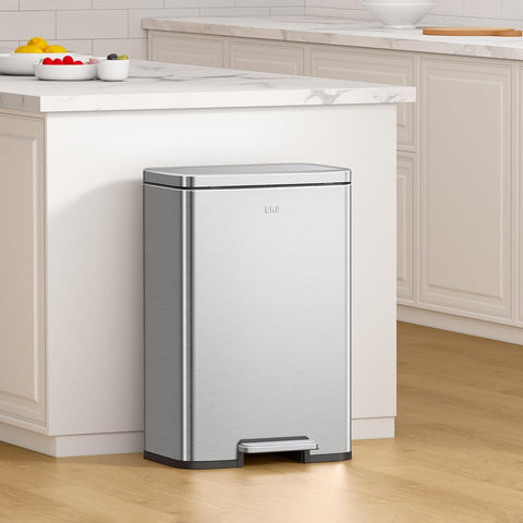 EKO Madison Brushed Stainless 25L+20L Dual Compartment Step Trash Can with Inner Liner, Recycling Bin, Soft - Close Lid, Fingerprint - Resistant Finish, and Durable Stainless Steel for Home and Office. Tiny dents - with | Sold by Uncle Wiener's Wholesale