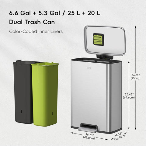 EKO Madison Brushed Stainless 25L+20L Dual Compartment Step Trash Can with Inner Liner, Recycling Bin, Soft - Close Lid, Fingerprint - Resistant Finish, and Durable Stainless Steel for Home and Office. Tiny dents - with | Sold by Uncle Wiener's Wholesale