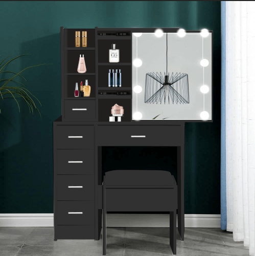 Elegant Vanity Desk with LED Lighted Mirror, Drawers & Stool – Makeup Dressing Table Set - with Black HDT025B | Sold by Uncle Wiener's Wholesale