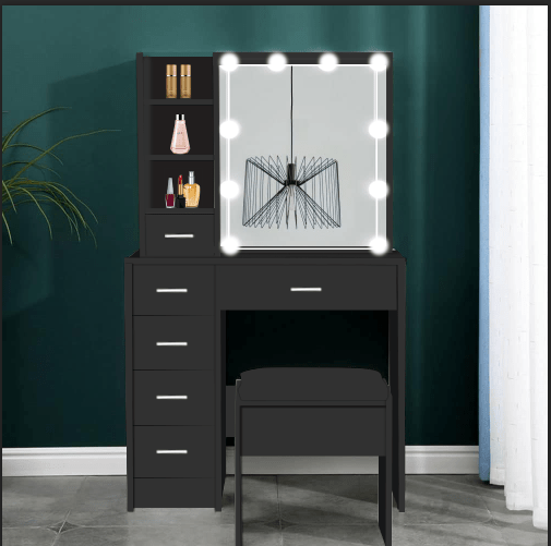 Elegant Vanity Desk with LED Lighted Mirror, Drawers & Stool – Makeup Dressing Table Set - with White HDT025W | Sold by Uncle Wiener's Wholesale