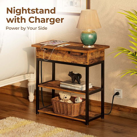 End Table with Charging Station – Narrow Nightstand with Drawer & Shelves S3118 - with | Sold by Uncle Wiener's Wholesale