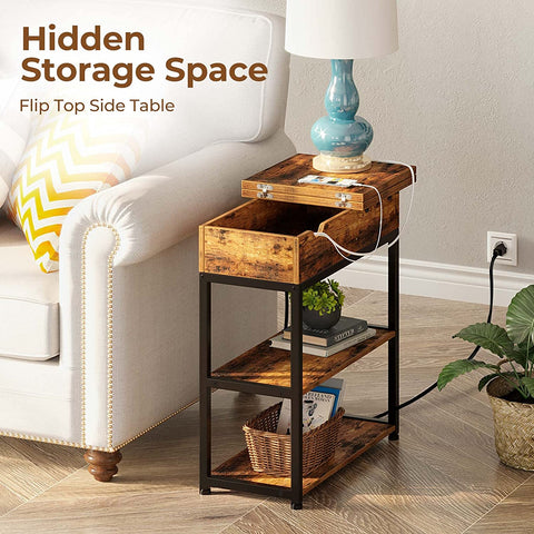 End Table with Charging Station – Narrow Nightstand with Drawer & Shelves S3118 - with | Sold by Uncle Wiener's Wholesale