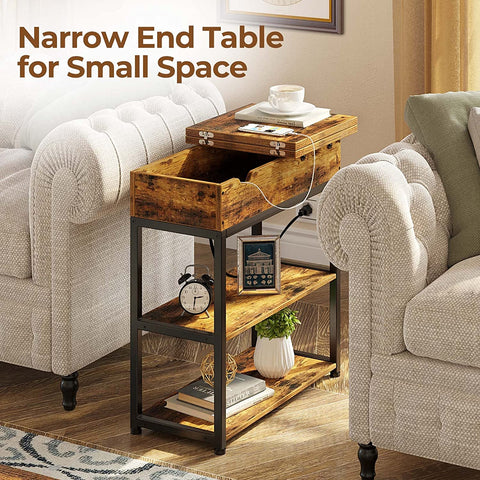 End Table with Charging Station – Narrow Nightstand with Drawer & Shelves S3118 - with | Sold by Uncle Wiener's Wholesale