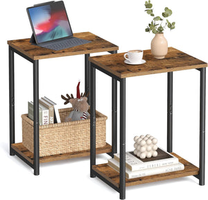 End Tables Set of 2 with Storage Shelf, Slim Side Tables for Living Room, Bedroom and Study Rustic Brown and Black LET272B01
