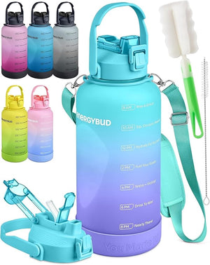 EnergyBud Half Gallon Water Bottle with Straw – Leakproof Tritan Gym Bottle with Time Markers & Carry Strap