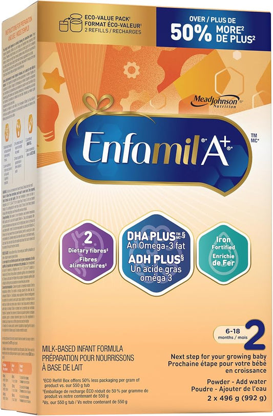 Enfamil A+ 2 Baby Formula Powder Refill – 992g Value Pack (2 × 496g), Stage 2 Milk-Based Infant Formula with DHA, Iron & Prebiotic Fibre, Ages 6–18 Months - Snack with | Sold by Uncle Wiener's Wholesale