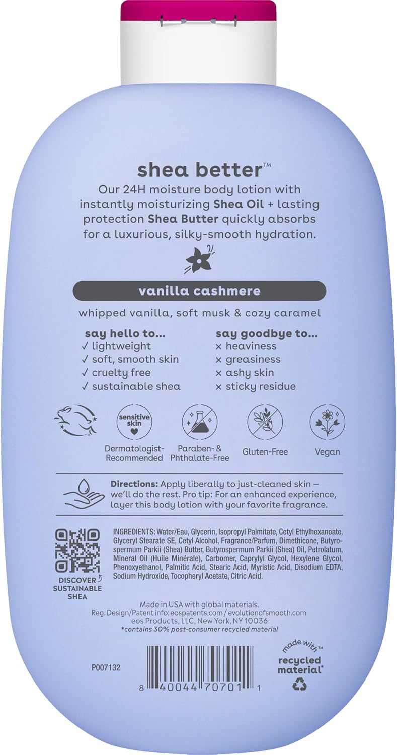 EOS Shea Better Vanilla Cashmere Body Lotion – 24-Hour Moisture, Shea Butter & 7 Nourishing Oils, 473 mL / 16 fl oz - Home products with | Sold by Uncle Wiener's Wholesale