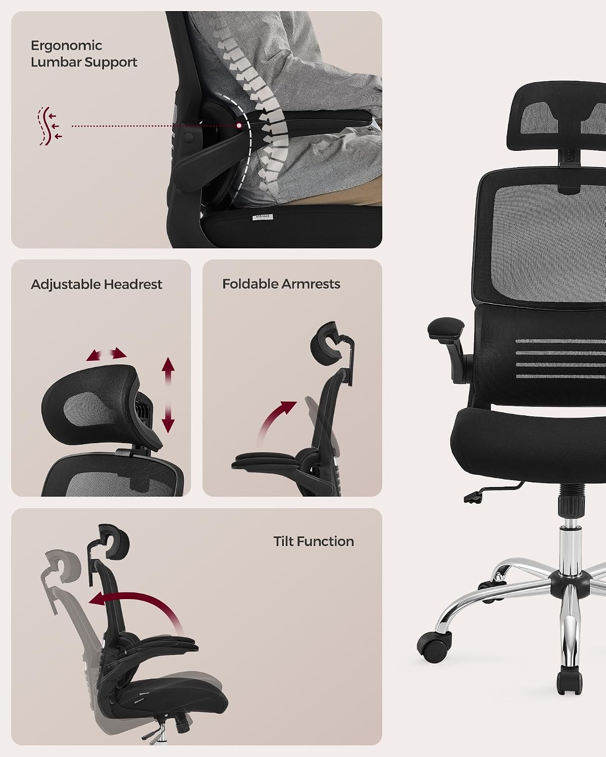 Ergonomic High Back Mesh Office Chair with Adaptive Lumbar Support, Adjustable Headrest, Flip-Up Armrests and Tilt Function for Home Office Ink Black OBN040B21 - with | Sold by Uncle Wiener's Wholesale