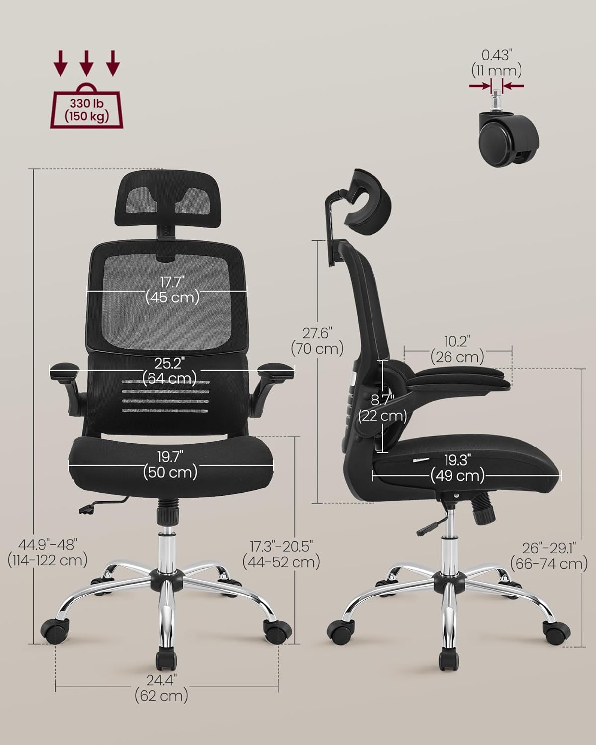 Ergonomic High Back Mesh Office Chair with Adaptive Lumbar Support, Adjustable Headrest, Flip-Up Armrests and Tilt Function for Home Office Ink Black OBN040B21 - with | Sold by Uncle Wiener's Wholesale