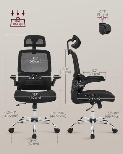 Ergonomic High Back Mesh Office Chair with Adaptive Lumbar Support, Adjustable Headrest, Flip-Up Armrests and Tilt Function for Home Office Ink Black OBN040B21 - with | Sold by Uncle Wiener's Wholesale