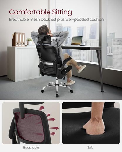 Ergonomic High Back Mesh Office Chair with Adaptive Lumbar Support, Adjustable Headrest, Flip-Up Armrests and Tilt Function for Home Office Ink Black OBN040B21 - with | Sold by Uncle Wiener's Wholesale
