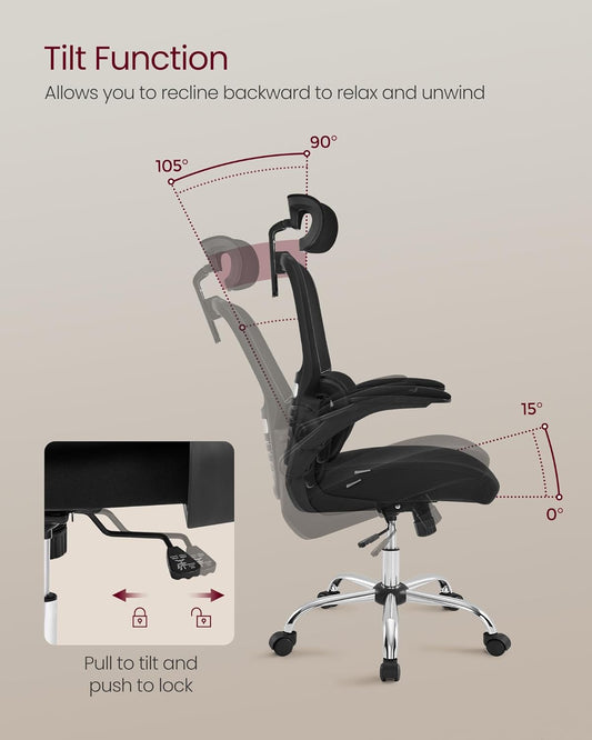 Ergonomic High Back Mesh Office Chair with Adaptive Lumbar Support, Adjustable Headrest, Flip-Up Armrests and Tilt Function for Home Office Ink Black OBN040B21 - with | Sold by Uncle Wiener's Wholesale