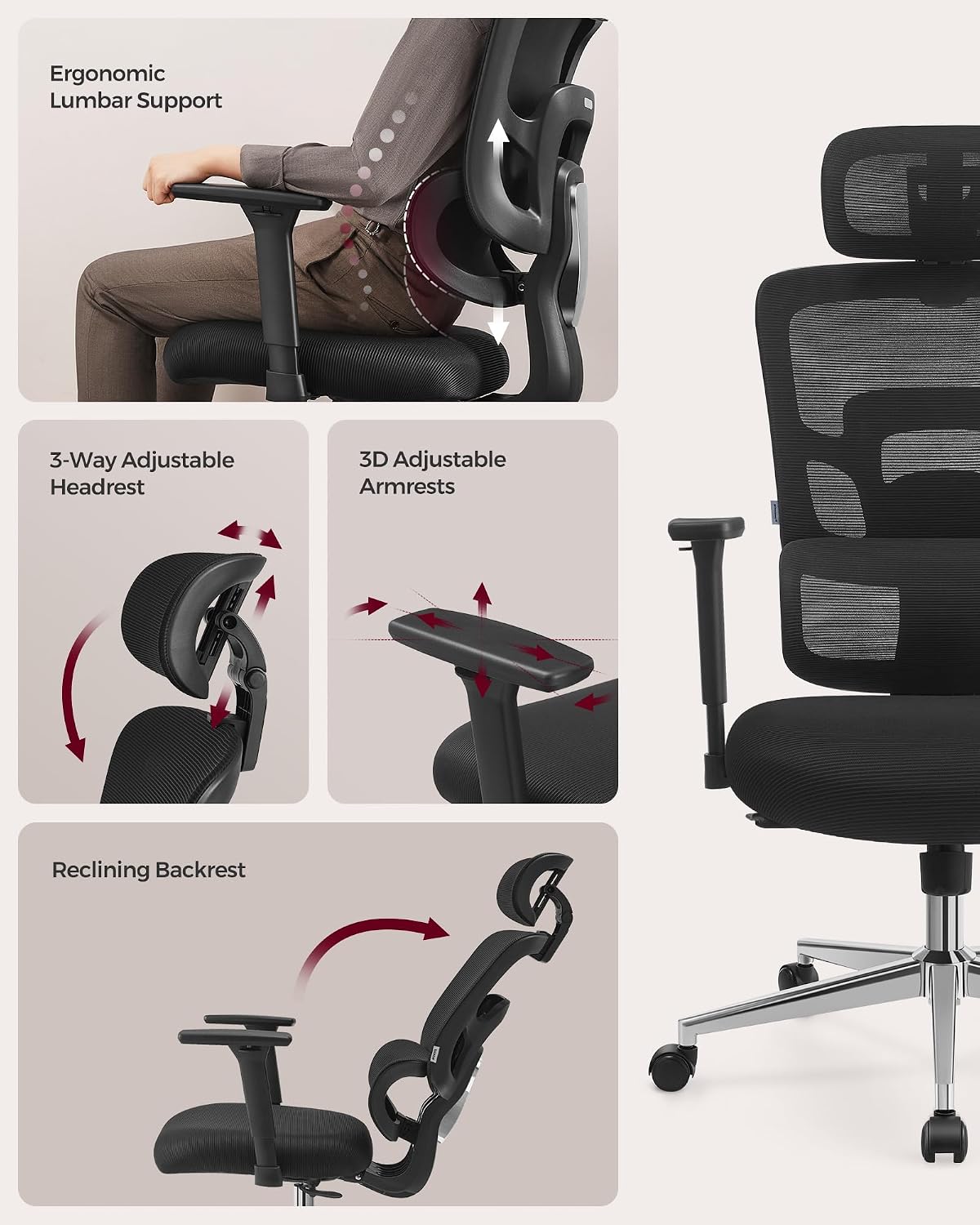 Ergonomic High Back Mesh Office Chair with Adjustable Lumbar Support, 3D Headrest, 3D Armrests and Reclining Tilt Function for Home Office Ink Black OBN070B21 - with | Sold by Uncle Wiener's Wholesale