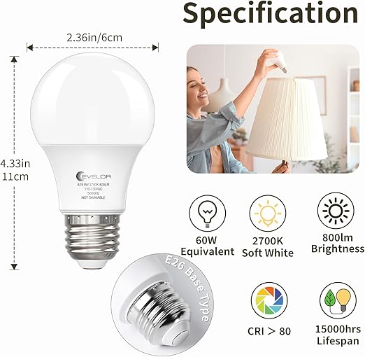 Evelor A19 LED Light Bulbs 24 Pack 9W 60W Equivalent - Soft White 2700K - General Equipment with | Sold by Uncle Wiener's Wholesale