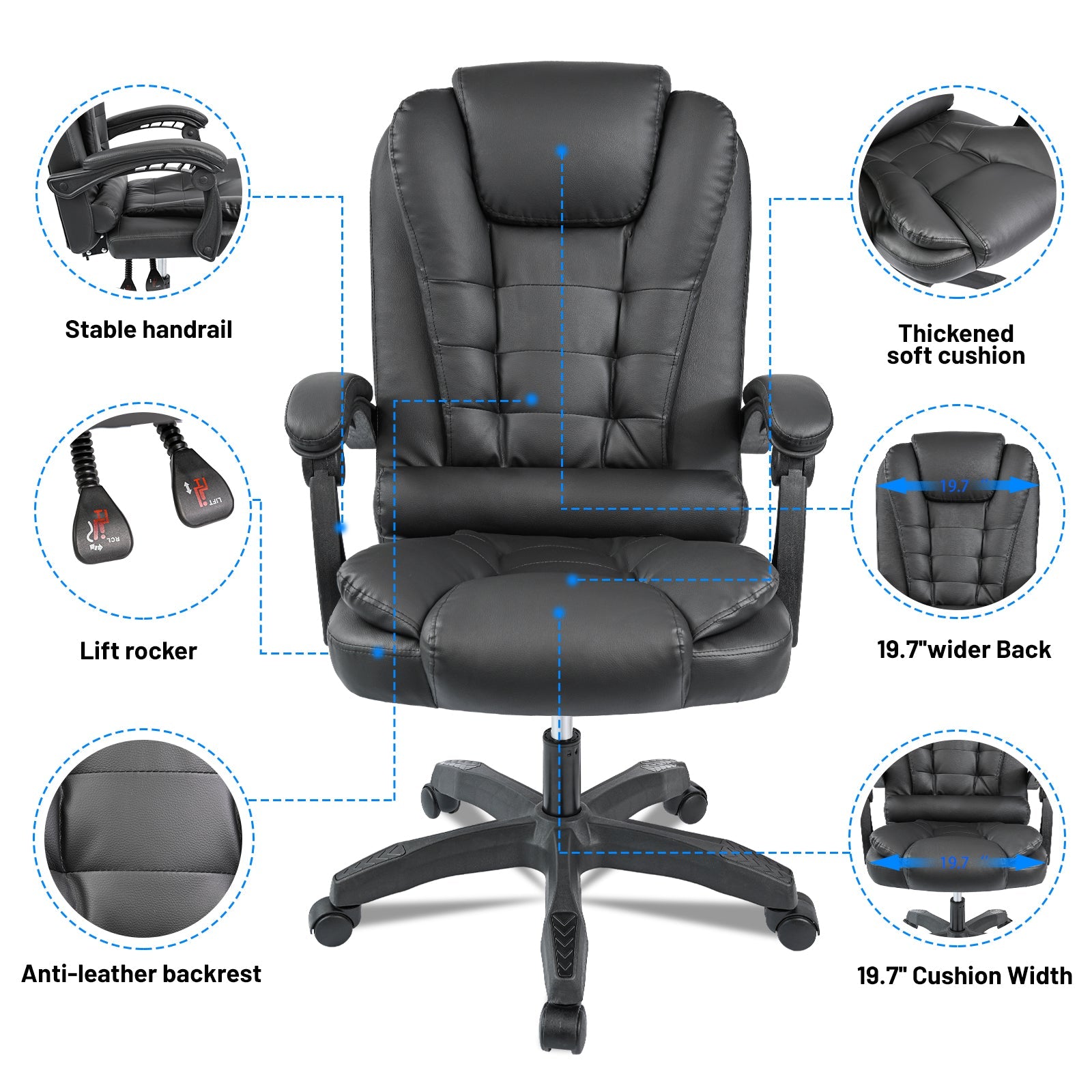 Executive Reclining Office Chair – Front View

AMPC21 PU Leather Gaming Chair – Reclined

Ergonomic High-Back Office Chair – Side Angle

Swivel Recliner Chair – Home Office Setup

Adjustable Office Chair – PU Leather with Padded Arms