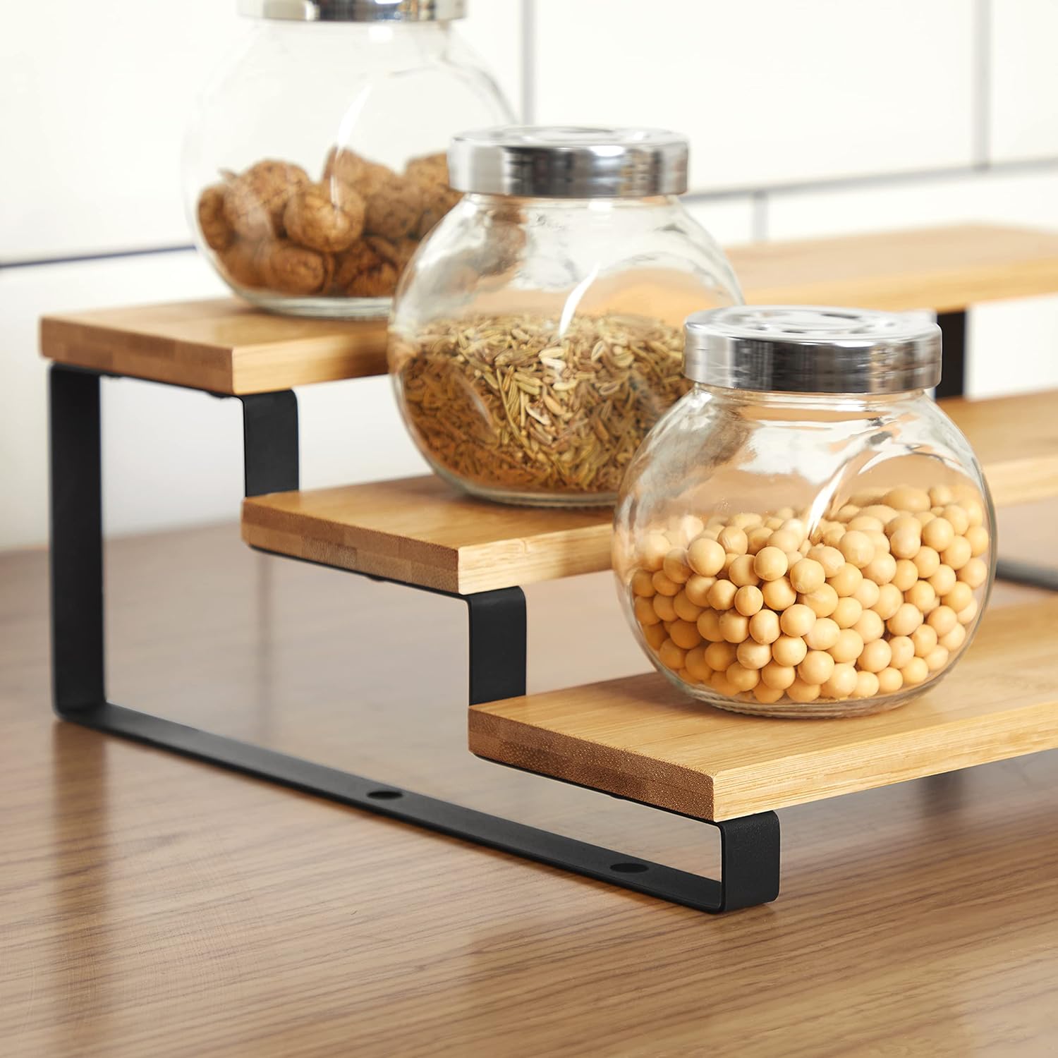 Expandable 3 - Tier Spice Rack Cabinet Organizer Set of 2 – Bamboo & Metal Shelf for Pantry & Kitchen – KCS016N01 - with | Sold by Uncle Wiener's Wholesale