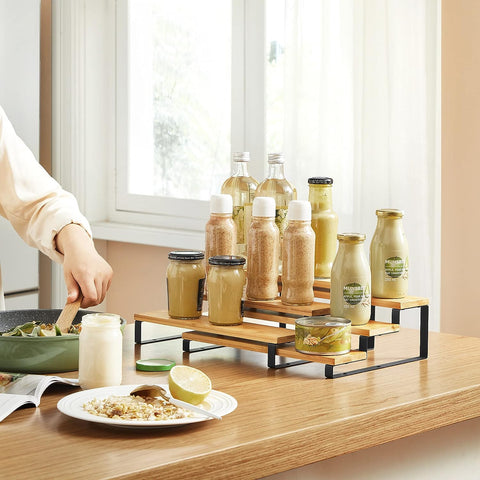 Expandable 3 - Tier Spice Rack Cabinet Organizer Set of 2 – Bamboo & Metal Shelf for Pantry & Kitchen – KCS016N01 - with | Sold by Uncle Wiener's Wholesale