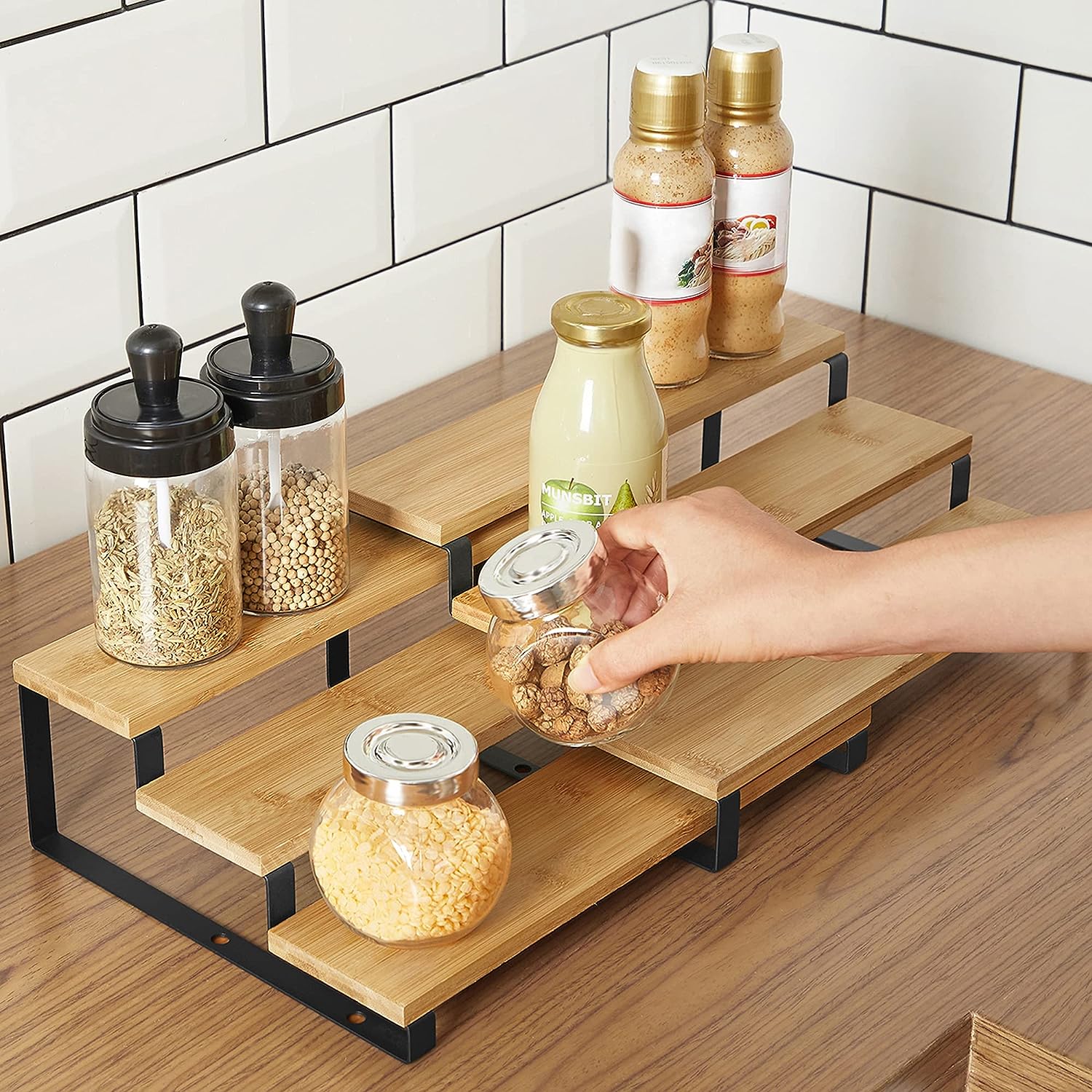 Expandable 3 - Tier Spice Rack Cabinet Organizer Set of 2 – Bamboo & Metal Shelf for Pantry & Kitchen – KCS016N01 - with | Sold by Uncle Wiener's Wholesale