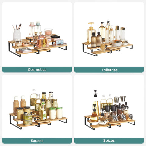 Expandable 3 - Tier Spice Rack Cabinet Organizer Set of 2 – Bamboo & Metal Shelf for Pantry & Kitchen – KCS016N01 - with | Sold by Uncle Wiener's Wholesale