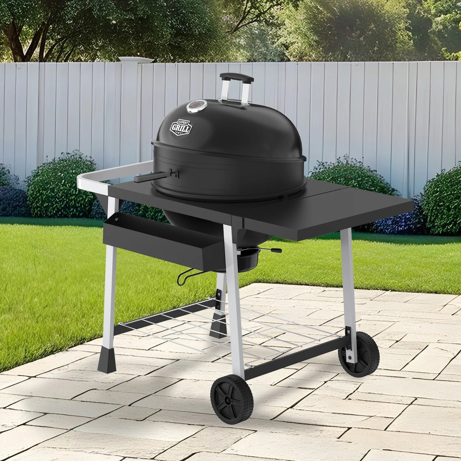 Expert Grill Kettle Charcoal Grill Cart with Pizza Stone and Warming Rack 22.5 Inch 44376299576 - with | Sold by Uncle Wiener's Wholesale