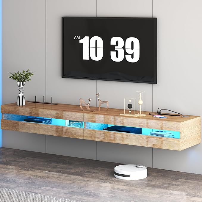 EXQUAL 71 Inch Floating TV Stand with LED Lights and Power Outlet Wall Mounted - with | Sold by Uncle Wiener's Wholesale