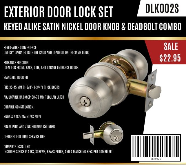 Exterior Door Lock Set – Keyed Alike Door Knob &amp; Deadbolt Combo, Matte Black or Satin Nickel DLK001 DLK002 - with Satin Nickel | Sold by Uncle Wiener's Wholesale