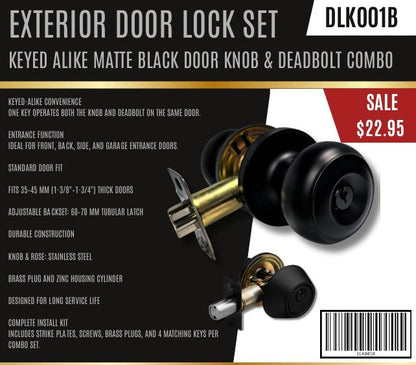 Exterior Door Lock Set – Keyed Alike Door Knob &amp; Deadbolt Combo, Matte Black or Satin Nickel DLK001 DLK002 - with Matte Black | Sold by Uncle Wiener's Wholesale