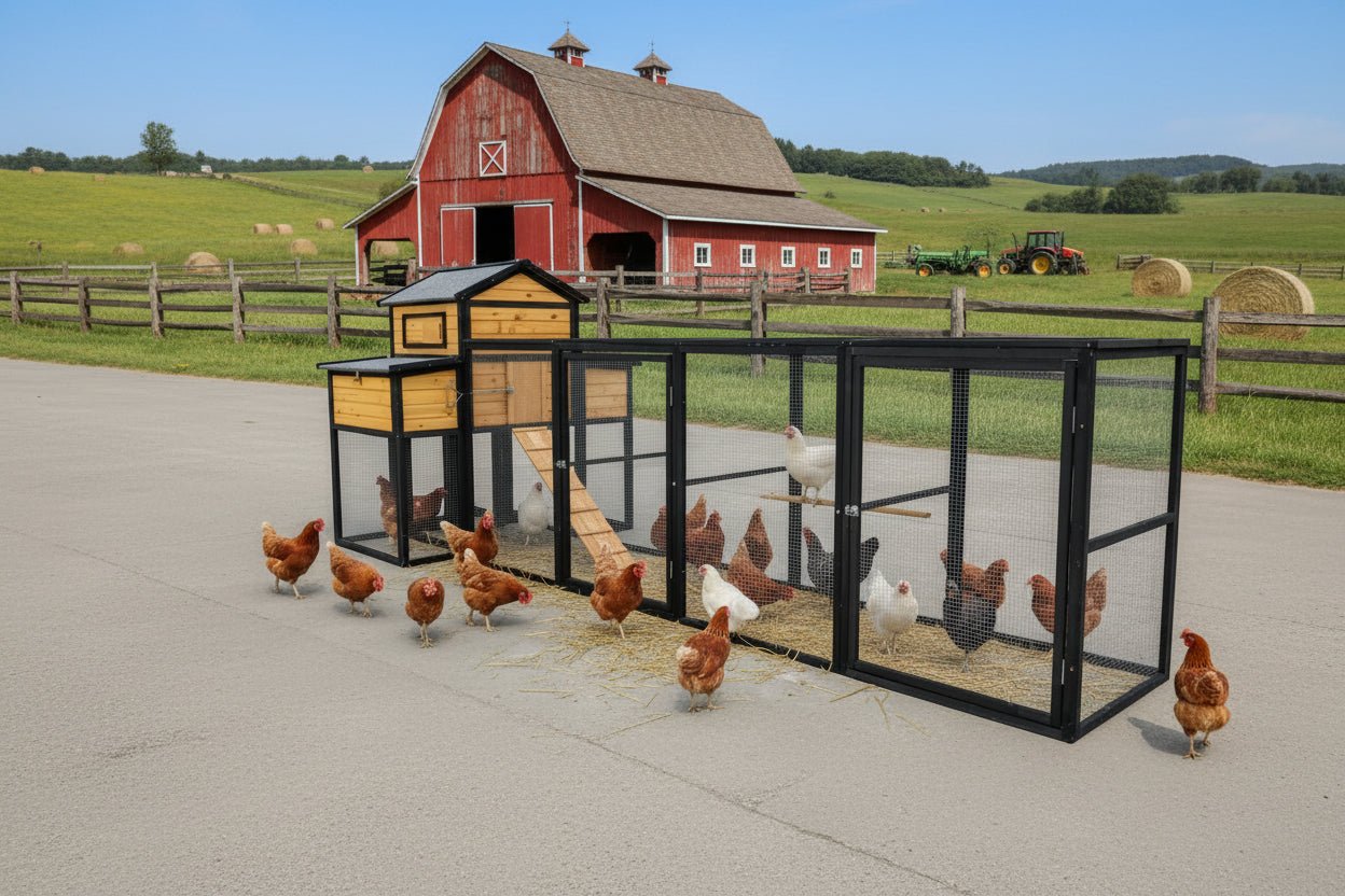 Extra - Large Wooden Chicken Coop – Nesting Box, Slide - Out Tray & Run, SKU: MSHRH1063 - General Equipment with Wood Grain & Black | Sold by Uncle Wiener's Wholesale