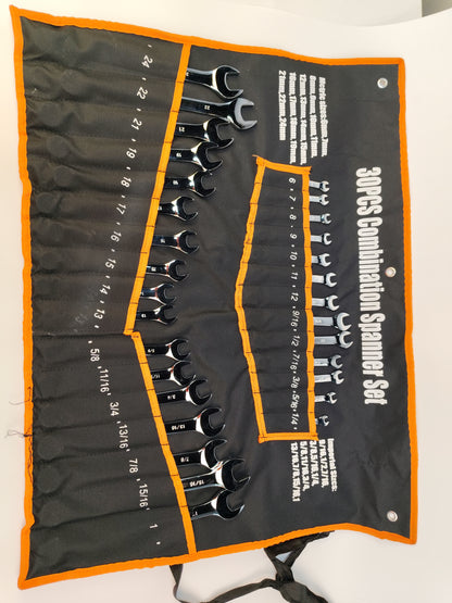 30pc Combination Wrench Set Metric SAE Chrome Vanadium Steel Roll Pouch W30PCS