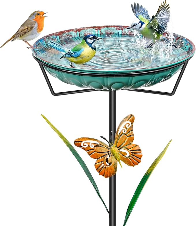 FaloStwer Metal Bird Bath for Outdoors – Decorative Blue Garden Birdbath with Removable Bowl, Heavy-Duty Iron Ground Stake, Butterfly Design, Outdoor Bird Feeder for Patio, Lawn & Backyard - Garden & Landscaping with | Sold by Uncle Wiener's Wholesale