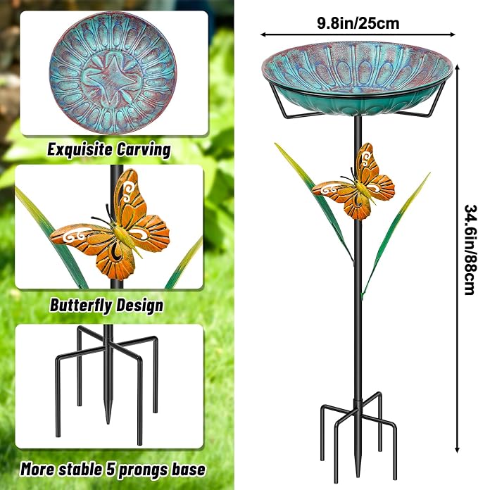 FaloStwer Metal Bird Bath for Outdoors – Decorative Blue Garden Birdbath with Removable Bowl, Heavy-Duty Iron Ground Stake, Butterfly Design, Outdoor Bird Feeder for Patio, Lawn & Backyard - Garden & Landscaping with | Sold by Uncle Wiener's Wholesale