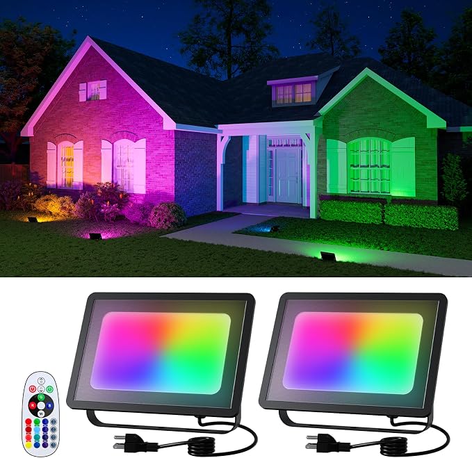 FALOVE 50W RGB LED Flood Lights 2-Pack – 16-Colour Outdoor Waterproof Colour-Changing Spotlights with Remote Control for Landscape, Garden & Holiday Lighting - Home decor with | Sold by Uncle Wiener's Wholesale