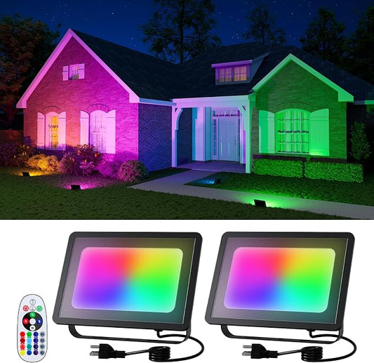 FALOVE 50W RGB LED Flood Lights 2-Pack – 16-Colour Outdoor Waterproof Colour-Changing Spotlights with Remote Control for Landscape, Garden & Holiday Lighting - Home decor with | Sold by Uncle Wiener's Wholesale