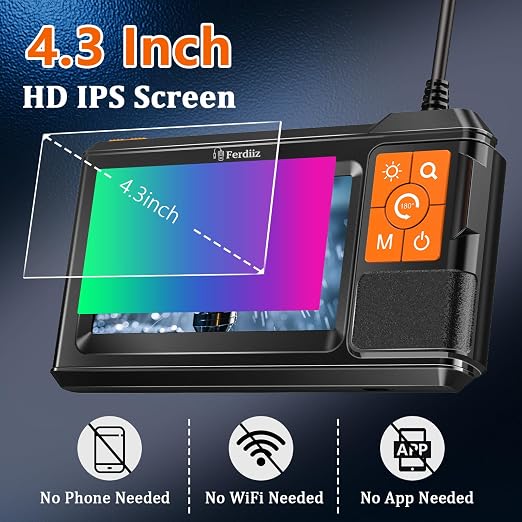 Ferdiiz Dual Lens 1080P Endoscope Camera – 4.3" IPS Screen, IP67 Waterproof Borescope with 32.8FT/10M Semi-Rigid Cable & Adjustable LED Lights - Electronics with | Sold by Uncle Wiener's Wholesale