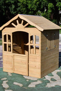 Fir Wood Kids Playhouse with Shuttered Windows & Sunburst Roof C1081G - with | Sold by Uncle Wiener's Wholesale